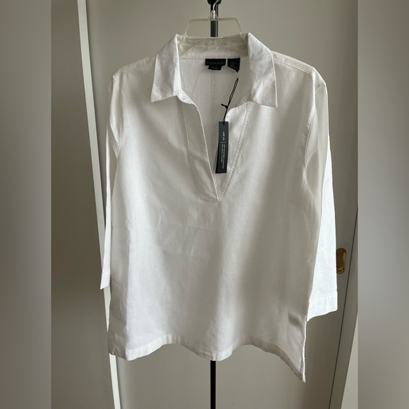 Top Tahari Vert Olive 100% Lin - Taille XL, Manches 3/4, Style Boho, Neuf Avec étiquette
